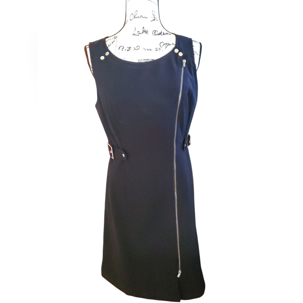 Calvin Klein Black Moto Style Asymmetrical Zip Front Sleeveless Dress Sz 10